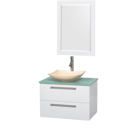 Glossy White Vanity with Green Glass Top and Arista Ivory Marble Sink