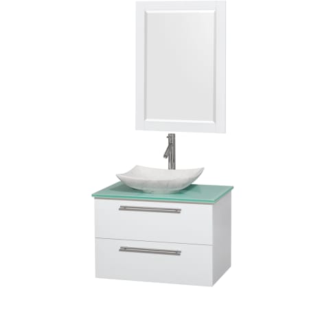 Glossy White Vanity with Green Glass Top and Arista White Carrera Marble Sink