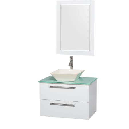 Glossy White Vanity with Green Glass Top and Bone Porcelain Sink