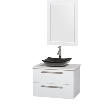 Glossy White Vanity with White Stone Top and Arista Black Granite Sink