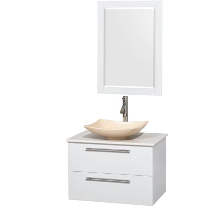 Glossy White Vanity with White Stone Top and Arista Ivory Marble Sink