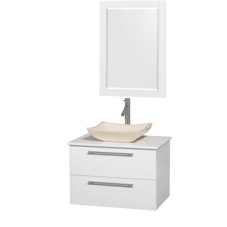 Glossy White Vanity with White Stone Top and Avalon Ivory Marble Sink