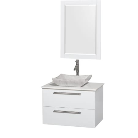 Glossy White Vanity with White Stone Top and Avalon White Carrera Marble Sink