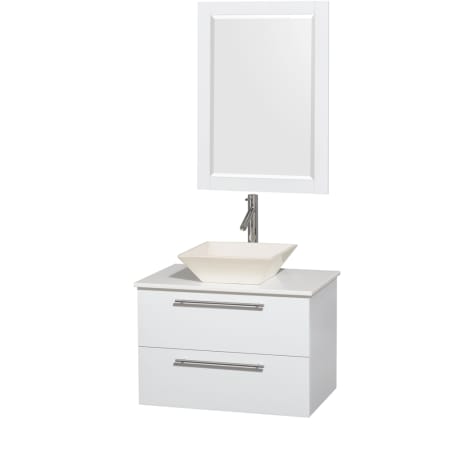 Glossy White Vanity with White Stone Top and Bone Porcelain Sink