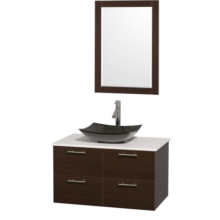 Espresso Vanity with White Stone Top and Arista Black Granite Sink