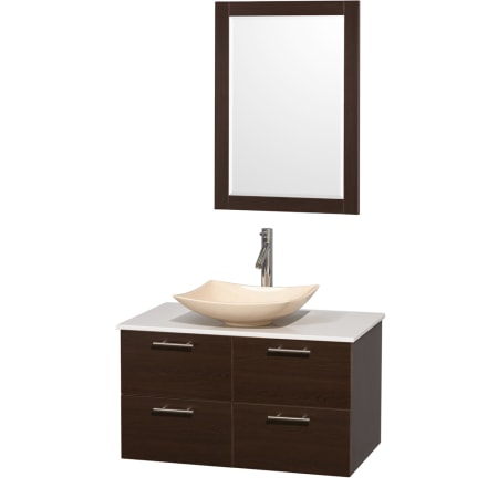 Espresso Vanity with White Stone Top and Arista Ivory Marble Sink