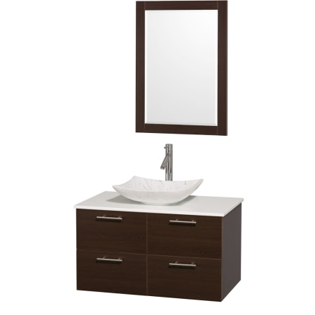 Espresso Vanity with White Stone Top and Arista White Carrera Marble Sink