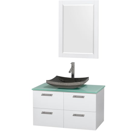 Glossy White Vanity with Green Glass Top and Altair Black Granite Sink