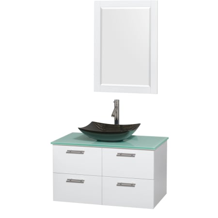 Glossy White Vanity with Green Glass Top and Arista Black Granite Sink