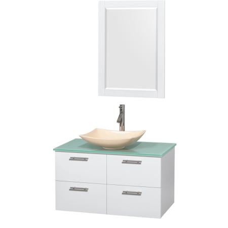 Glossy White Vanity with Green Glass Top and Arista Ivory Marble Sink