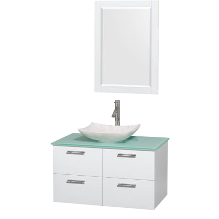 Glossy White Vanity with Green Glass Top and Arista White Carrera Marble Sink