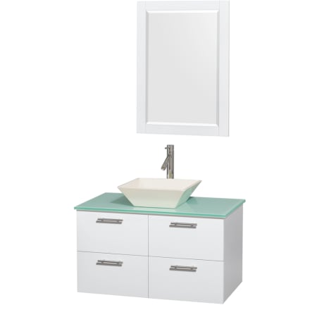 Glossy White Vanity with Green Glass Top and Bone Porcelain Sink