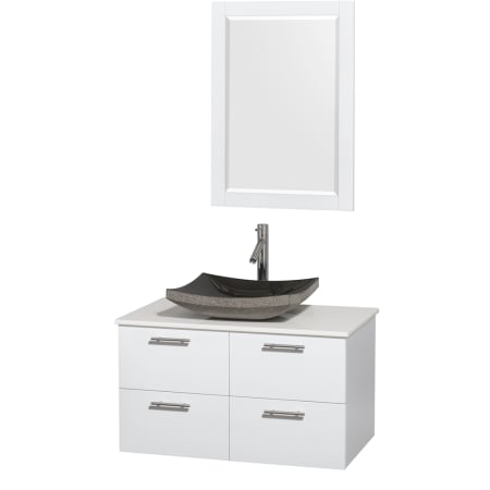 Glossy White Vanity with White Stone Top and Altair Black Granite Sink