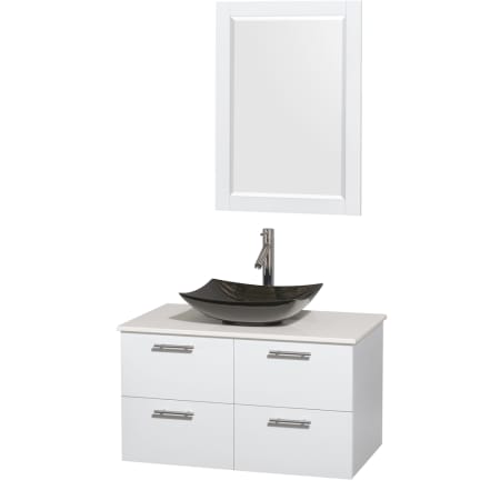 Glossy White Vanity with White Stone Top and Arista Black Granite Sink