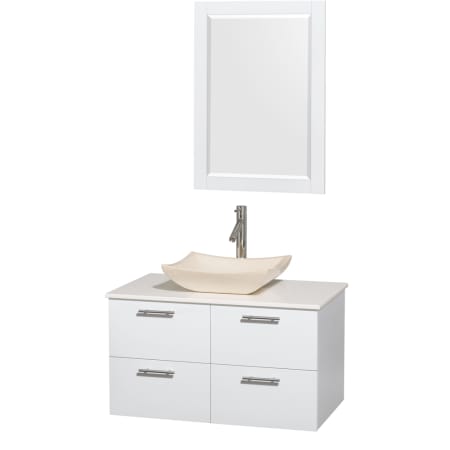 Glossy White Vanity with White Stone Top and Avalon Ivory Marble Sink