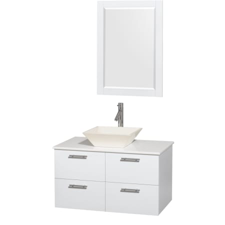 Glossy White Vanity with White Stone Top and Bone Porcelain Sink