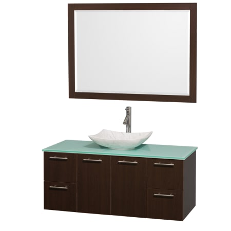 Espresso Vanity with Green Glass Top and Arista White Carrera Marble Sink