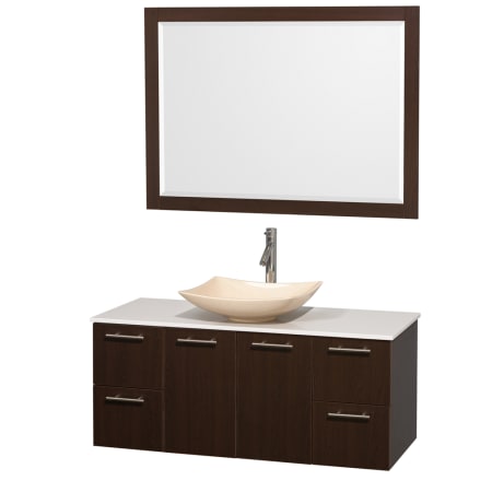 Espresso Vanity with White Stone Top and Arista Ivory Marble Sink