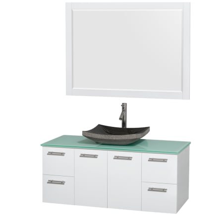 Glossy White Vanity with Green Glass Top and Altair Black Granite Sink