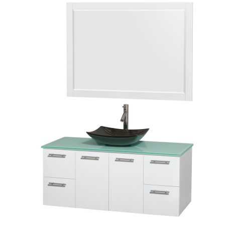 Glossy White Vanity with Green Glass Top and Arista Black Granite Sink