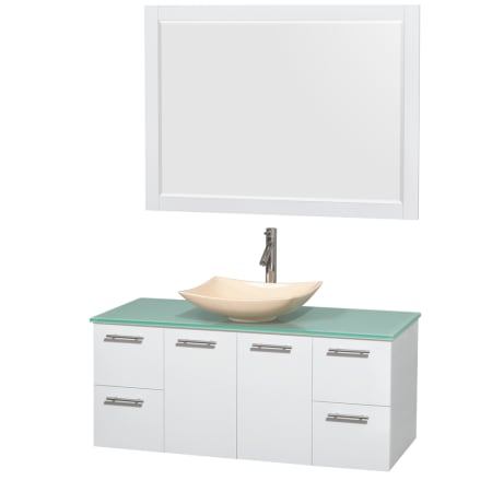 Glossy White Vanity with Green Glass Top and Arista Ivory Marble Sink