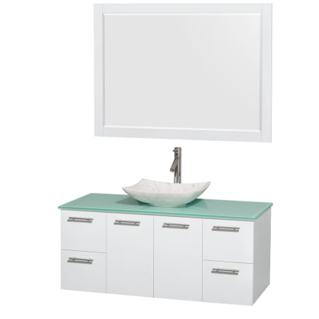 Glossy White Vanity with Green Glass Top and Arista White Carrera Marble Sink