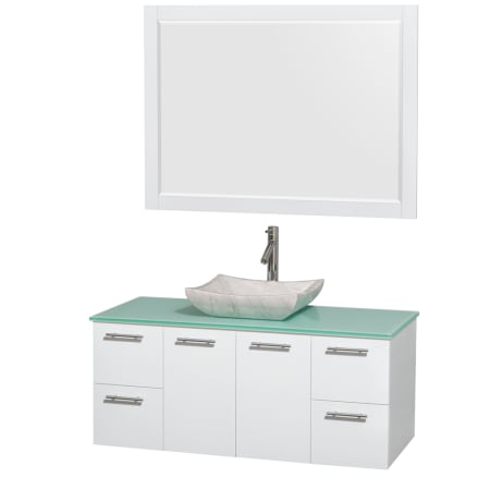 Glossy White Vanity with Green Glass Top and Avalon White Carrera Marble Sink