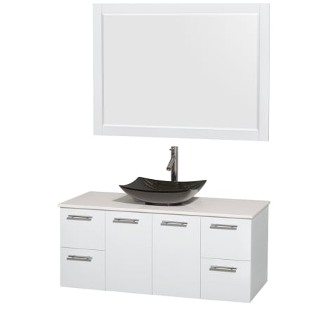 Glossy White Vanity with White Stone Top and Arista Black Granite Sink