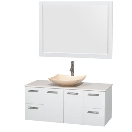 Glossy White Vanity with White Stone Top and Arista Ivory Marble Sink