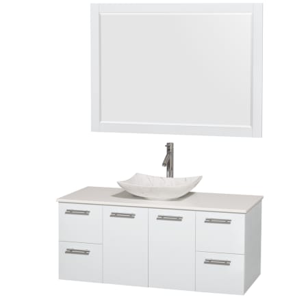 Glossy White Vanity with White Stone Top and Arista White Carrera Marble Sink