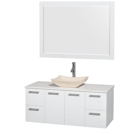 Glossy White Vanity with White Stone Top and Avalon Ivory Marble Sink