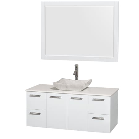 Glossy White Vanity with White Stone Top and Avalon White Carrera Marble Sink