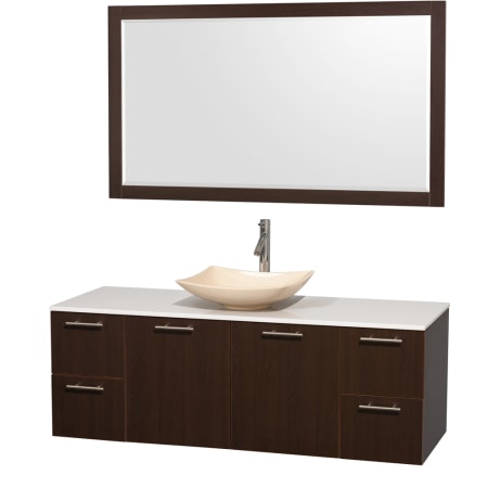 Espresso Vanity with White Stone Top and Arista Ivory Marble Sink