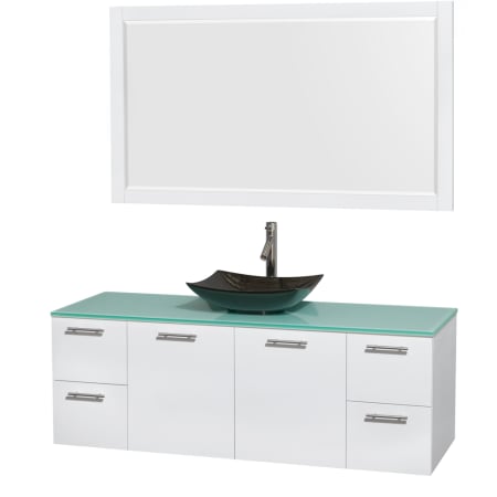 Glossy White Vanity with Green Glass Top and Arista Black Granite Sink