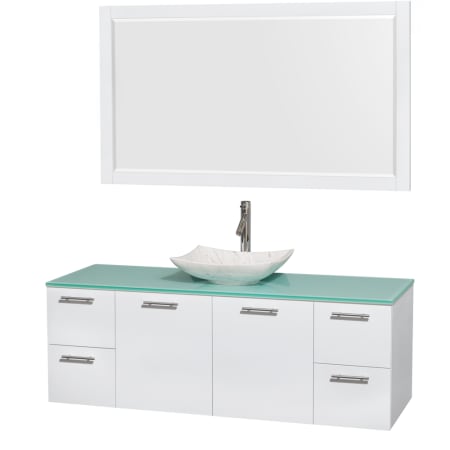 Glossy White Vanity with Green Glass Top and Arista White Carrera Marble Sink