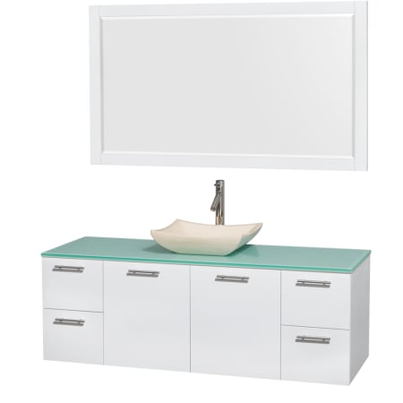 Glossy White Vanity with Green Glass Top and Avalon Ivory Marble Sink