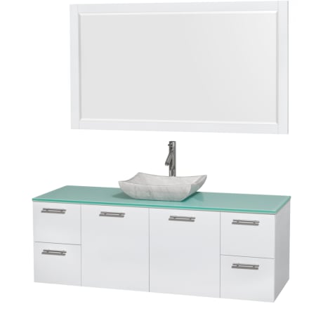 Glossy White Vanity with Green Glass Top and Avalon White Carrera Marble Sink