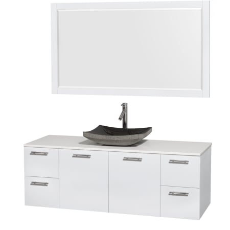 Glossy White Vanity with White Stone Top and Altair Black Granite Sink