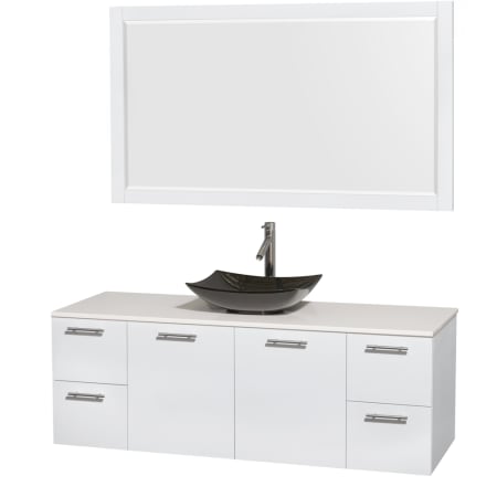 Glossy White Vanity with White Stone Top and Arista Black Granite Sink