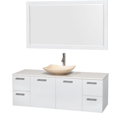 Glossy White Vanity with White Stone Top and Arista Ivory Marble Sink