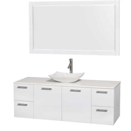 Glossy White Vanity with White Stone Top and Arista White Carrera Marble Sink