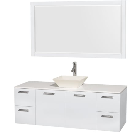 Glossy White Vanity with White Stone Top and Bone Porcelain Sink