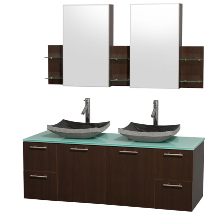 Espresso Vanity with Green Glass Top and Altair Black Granite Sinks