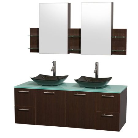 Espresso Vanity with Green Glass Top and Arista Black Granite Sinks