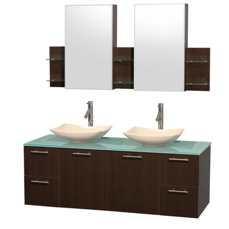 Espresso Vanity with Green Glass Top and Arista Ivory Marble Sinks