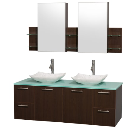 Espresso Vanity with Green Glass Top and Arista White Carrera Marble Sinks