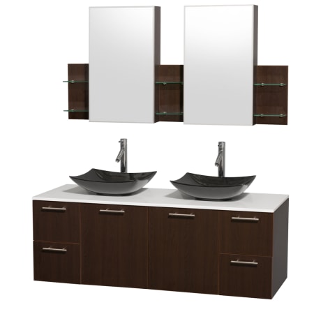 Espresso Vanity with White Stone Top and Arista Black Granite Sinks