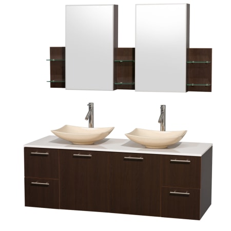 Espresso Vanity with White Stone Top and Arista Ivory Marble Sinks