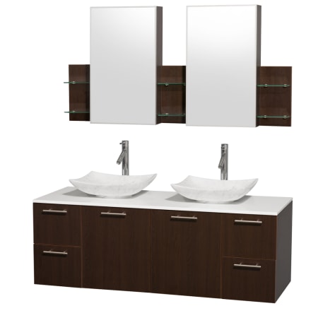 Espresso Vanity with White Stone Top and Arista White Carrera Marble Sinks