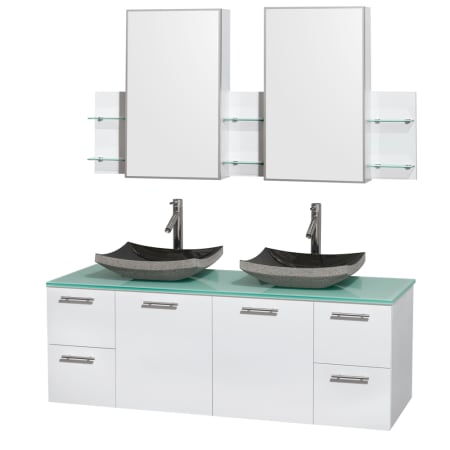 Glossy White Vanity with Green Glass Top and Altair Black Granite Sinks